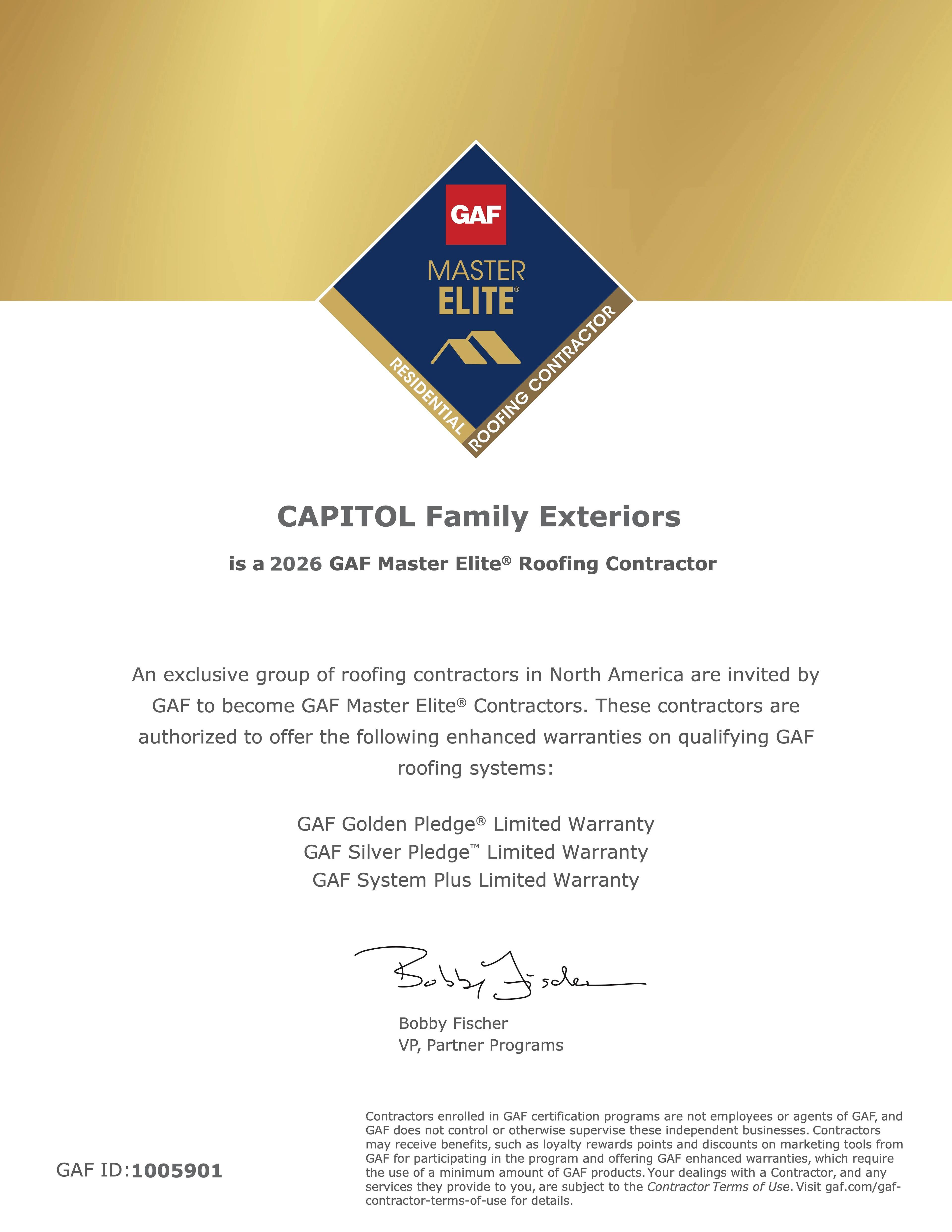 2026 GAF Master Elite Certification for Capitol Improvements